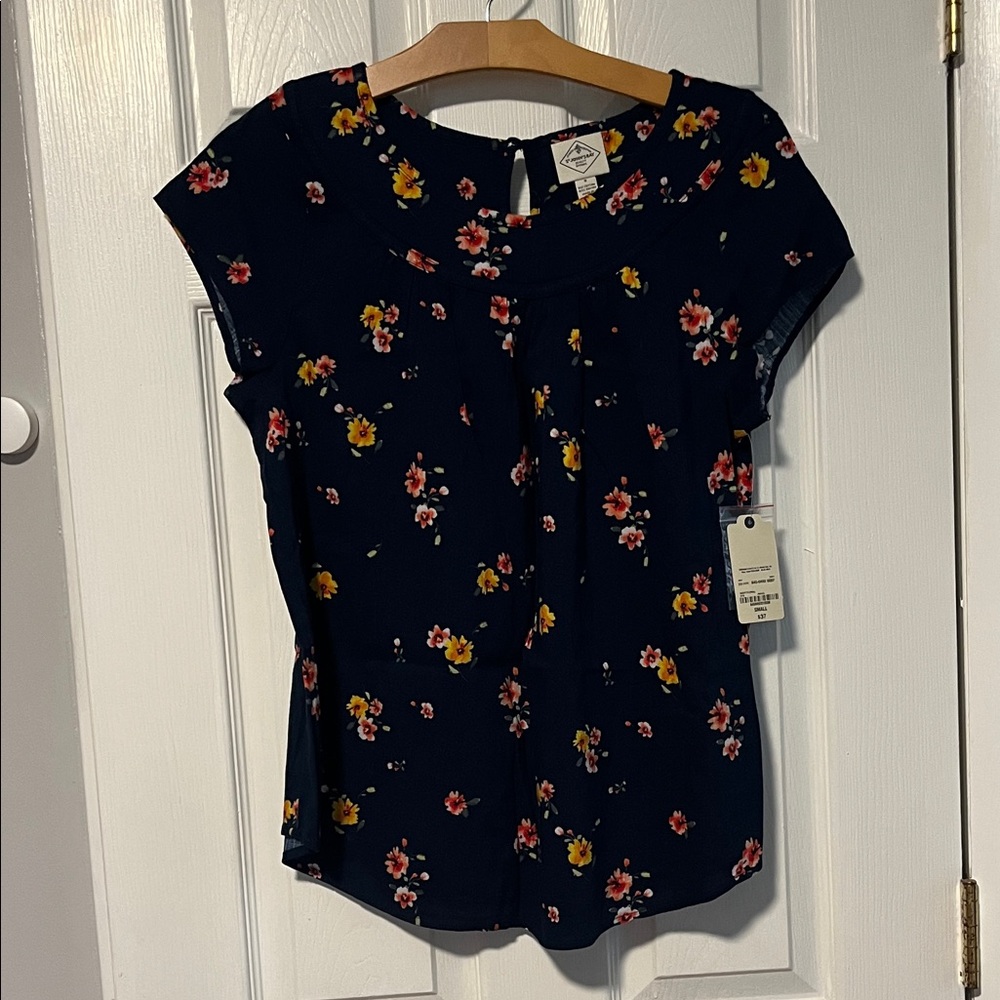St. John's Bay Navy Floral Cap-Sleeve Blouse
